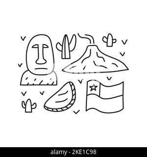 Group of doodle outline Chile icons including Easter island statue, Villarrica volcano, flag, empanadas, cactuses isolated on white background. Stock Vector