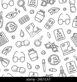 Black and white seamless pattern with doodle outline ophthalmology icons including runny eye, pipette bottle, cornea, blank clipboard, lens case, glas Stock Vector