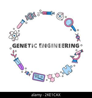 Doodle colored genetic engineering icons including dna, microscope, syringe, molecule, plant in test tube, puzzle piece, tablet, loupe and lettering c Stock Vector