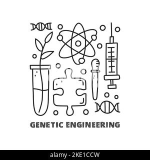 Group of doodle outline genetic engineering icons including plant in test tube, molecule, puzzle piece, pipette, syringe, dna, lettering isolated on w Stock Vector