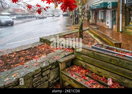 Colorful fallen maple leaves cover a downtown bench and brick sidewalk on Main Street in Highlands, North Carolina, on a misty Autumn morning. (USA) Stock Photo