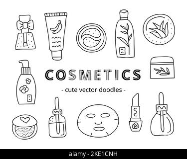Set of outline doodle Asian cosmetics icons including face sheet mask, cream, serum, nail polish, eye patches, lipstick, compact powder, toner isolate Stock Vector