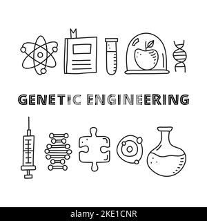 Poster with lettering and doodle outline genetic engineering icons including dna, syringe, molecule, puzzle piece, book, flask, test tube, apple in gl Stock Vector