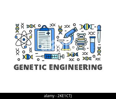 Group of doodle colored genetic engineering icons including dna, microscope, syringe, blank clipboard, molecule, test tube, pipette isolated on white Stock Vector