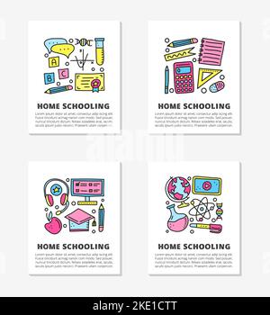 Cards with lettering and doodle outline education, e-learning icons including computer, ruler, globe, divider, headphones, calculator, graduation cap, Stock Vector