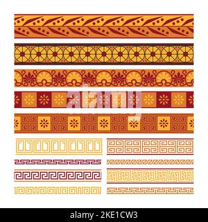 Greek horizontal pattern. Ancient meander ornament with flowers, antique mediterranean geometric floral frames borders. Vector set of ancient meander Stock Vector