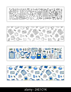 Horizontal banners with doodle genetic engineering icons. Used clipping mask. Stock Vector