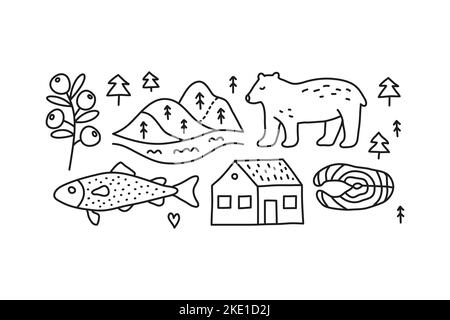 Group of doodle colorful natural, forest, animal, food icons including blueberry, trout fish, hills, river, house, bear, salmon steak isolated on whit Stock Vector