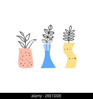 Doodle outline wild plants, herbs, twigs, berries in pastel vases isolated on white background. Simple home interior decor. Stock Vector