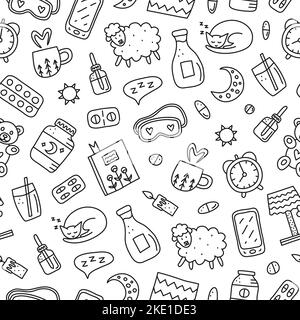 Black and white seamless pattern with doodle outline insomnia and bed time icons including pillow, clock, milk, sheep, moon, pills, book, smartphone, Stock Vector