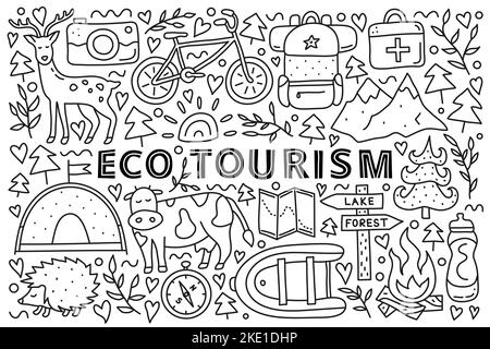 Poster with lettering and doodle outline eco tourism icons including deer, camera, bicycle, sun, backpack, first aid kit, mountains, tent, cow, hedgeh Stock Vector