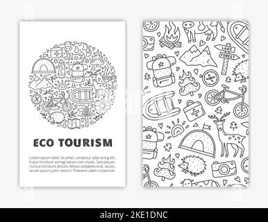 Card templates with lettering and doodle outline eco tourism icons including deer, camera, bicycle, sun, backpack, first aid kit, mountains, tent, cow Stock Vector