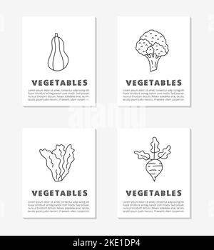 Cards with text and cute doodle outline food vegetable icons including broccoli, butternut, lettuce and beet. Stock Vector