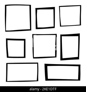 Set of hand drawn black bold square frames isolated on white background. Stock Vector