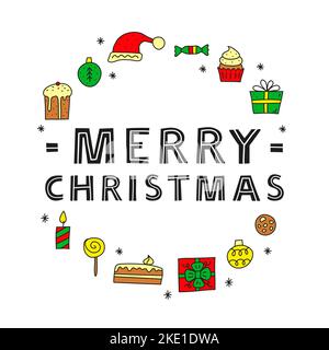 Cute colored doodle Christmas and New Year icons including presents, champagne, snowflakes, candies, panettone, candles, cake, cookie, lollipop, cupca Stock Vector