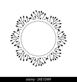 Round wreath with simple doodle black leafy twigs or wild herbs, empty space for text isolated on white background. Stock Vector