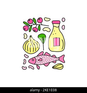 Group of doodle colored iodine food sources including spinach, onion, milk, cranberry, cod fish, almond, beans isolated on white background. Stock Vector