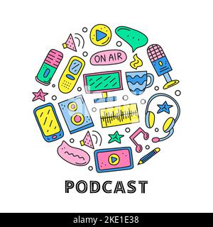 Doodle colored podcast icons including smartphone, tablet, headphones, microphone, voice recorder, play button, loudspeaker, speech bubble composed in Stock Vector