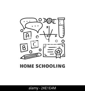 Group of doodle outline education, e-learning icons including chat bubble, test tube, certificate, pencil, dna, graph, alphabet letters and lettering Stock Vector