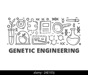 Group of doodle outline genetic engineering icons including dna ...