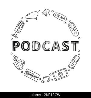 Doodle outline podcast icons including tablet with play button, microphone, voice recorder, loudspeaker, speech bubble, mug and lettering composed in Stock Vector