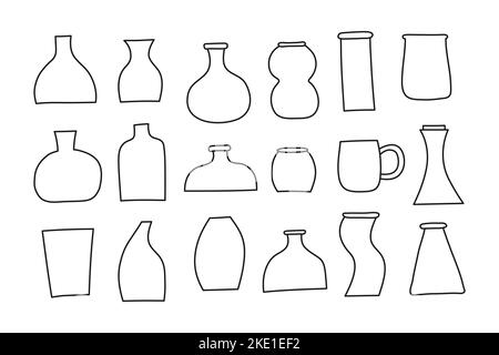 Set of simple doodle outline vases isolated on white background. Stock Vector
