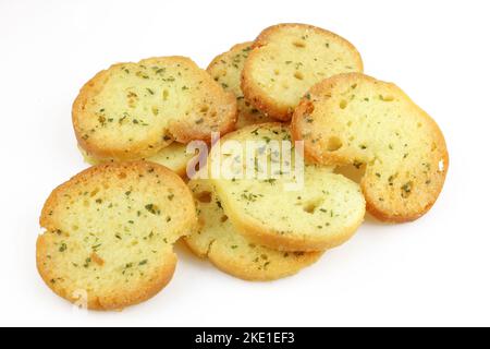 Pile of spiced bruschette chips isolated on white background Stock Photo