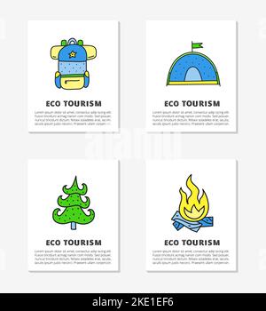Cards with doodle colored eco tourism icons including backpack, tent, fir tree, campfire and lettering isolated on grey background. Stock Vector