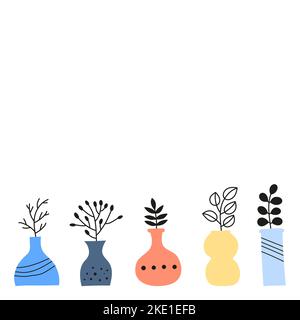 Poster with empty space and doodle outline wild plants, herbs, twigs, berries in pastel vases isolated on white background. Stock Vector