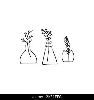 Doodle outline wild plants, herbs, twigs, berries in vases isolated on white background. Simple home interior decor. Stock Vector