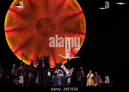 Madrid, Spain. 08th Nov, 2022. Various actors performing at Cirque du Soleil's 'LUZIA' show. The show invites audiences to immerse themselves in a dreamlike journey through a vibrant world suspended somewhere between the real and the unreal. The show is on an old movie set, an ocean and a ballroom with Mexican faces and sounds that blend tradition and modernity. In addition, 'Luzia' captivates and incorporates for the first time, in a Cirque du Soleil touring production, rain in the artistic proposal. (Photo by Atilano Garcia/SOPA Images/Sipa USA) Credit: Sipa USA/Alamy Live News Stock Photo