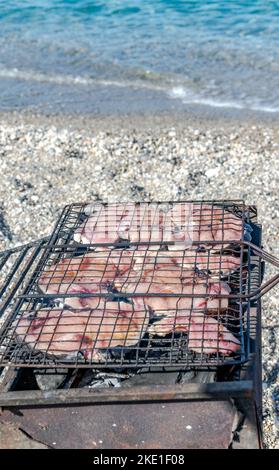 Grilled slices of swordfish in a barbecue grill, selective focus on foreground with narrow depth of field with blurred beach pebbles and sea water. Stock Photo