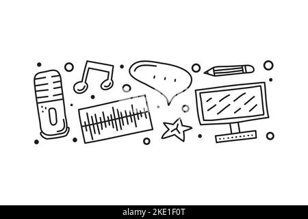 Group of doodle outline podcast icons including microphone, voice, music, speech bubble, computer, pencil isolated on white background. Stock Vector