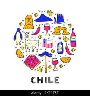Doodle colored Chile icons including Easter island statue, Villarrica volcano, araucaria tree, empanadas, penguin, poncho, alpaca, avocado oil compose Stock Vector