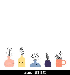 Poster with empty space and doodle outline wild plants, herbs, twigs, berries in pastel vases isolated on white background. Stock Vector