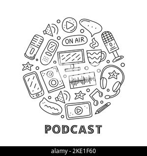 Doodle outline podcast icons including smartphone, tablet, headphones, microphone, voice recorder, play button, loudspeaker, speech bubble composed in Stock Vector