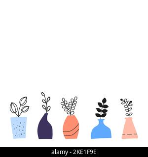 Poster with empty space and doodle outline wild plants, herbs, twigs, berries in pastel vases isolated on white background. Stock Vector