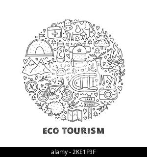 Doodle outline eco tourism icons including deer, camera, bicycle, sun, backpack, first aid kit, mountains, tent, cow, hedgehog, compass, boat composed Stock Vector