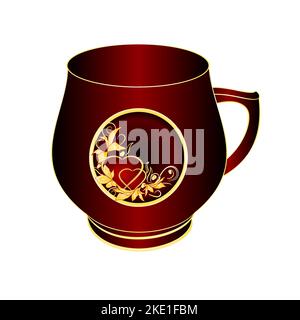 Mug  of black and red porcelain  gold ornament heart   and leaves on a white background vintage vector illustration editable hand draw Stock Vector