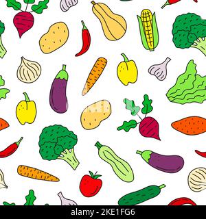 Seamless pattern with doodle colorful vegetables including broccoli, garlic, cucumber, sweet potato, onion, corn, beet, zucchini, eggplant, butternut, Stock Vector