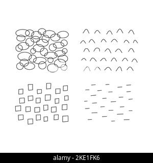 Set of scribble abstract doodle textures isolated on white background. Freehand inky squares, lines, ovals. Stock Vector