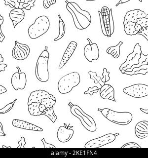 Black and white seamless pattern with doodle outline vegetables including broccoli, garlic, cucumber, sweet potato, onion, corn, beet, zuccini, eggpla Stock Vector