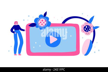 Horizontal banner with colorful headphones, tablet, girl, flowers, leaves. Online video. Landing page concept. Modern flat doodle vector background. Stock Vector