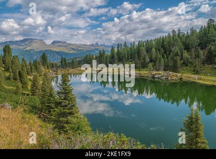 the Colbricon lakes in summer with the mountain reflected on the water - Lagorai chain, Trento province,Trentino Alto Adige, northern Italy - Europe - Stock Photo