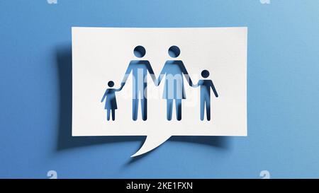 Family with children concept for parenting, living together, education, childcare, social protection and insurance. Wife, husband, son, daughter symbo Stock Photo