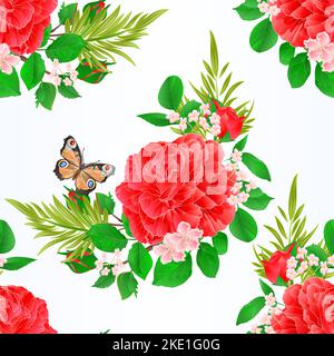 Seamless texture  pink  Rose  and butterfly vintage  festive  background vector illustration editable hand draw Stock Vector