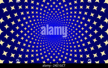Fractal spiral geometric background with mosaic golden stars moving on a blue background. Stock Vector
