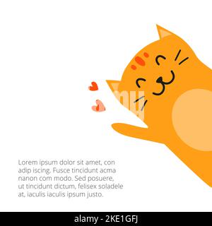 Doodle ginger or orange peeping welcoming cat with hearts isolated on white background. Empty space for text. Cute postcard or poster. Stock Vector