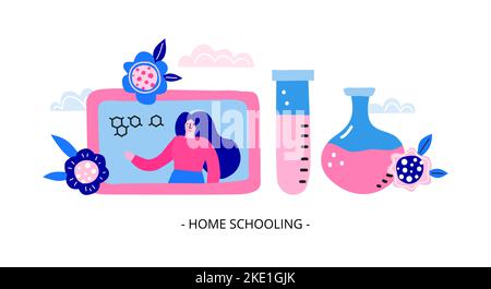Horizontal banner with big colorful tablet, teacher, formula, test tube, flask, flowers, leaves. Home schooling, online chemistry lesson. Landing page Stock Vector