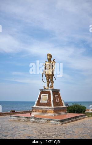 Statue of Sdech Korn (Srei Chettha II) King of Cambodia at the Fishing Village Crab Market in Kep Cambodia Stock Photo